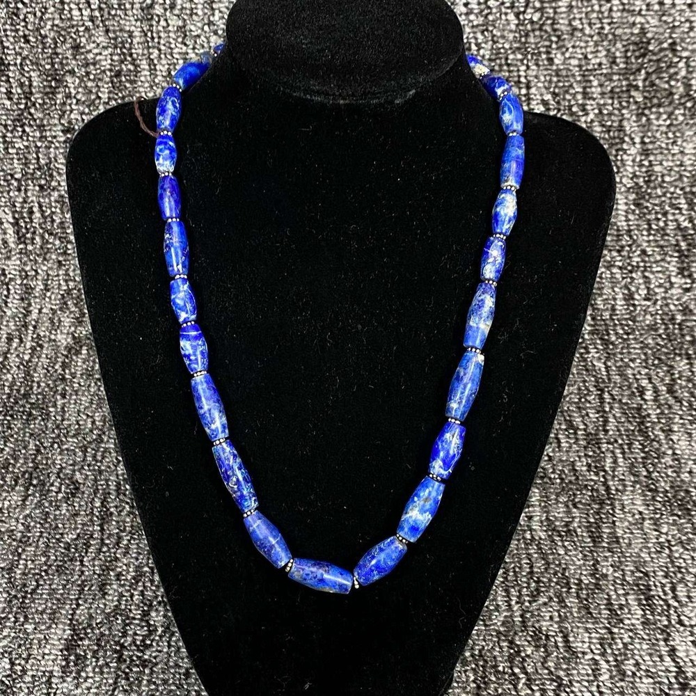 Handmade Natural Matte Finish Lapis Lazuli Barrel Bead Bali Silver Necklace‎